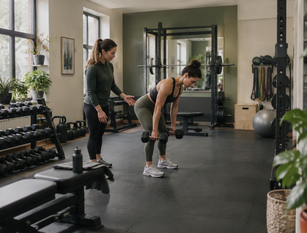 Personal trainer coaching a client in a boutique gym