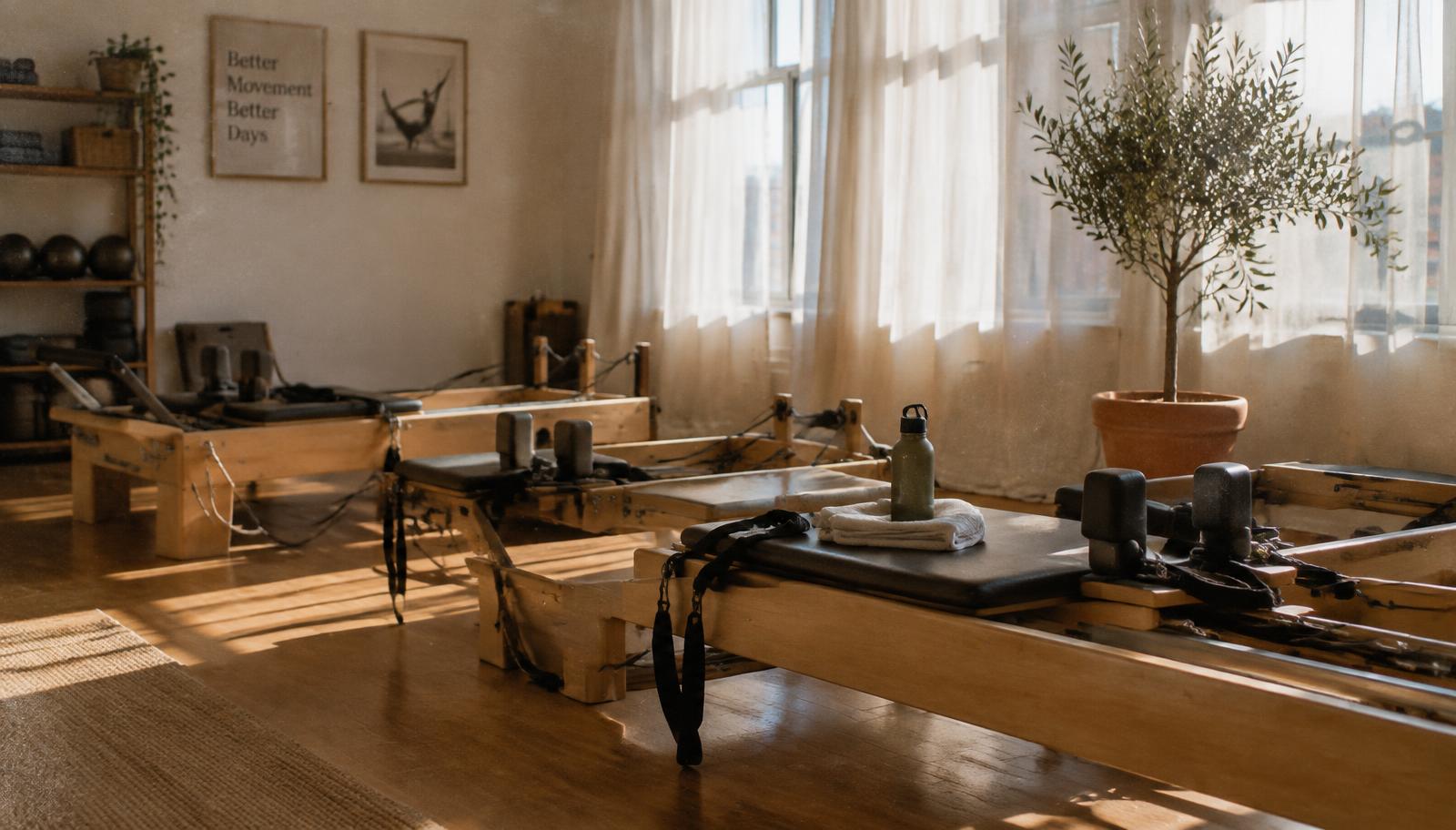 Sunlit Pilates studio with wooden reformer machines